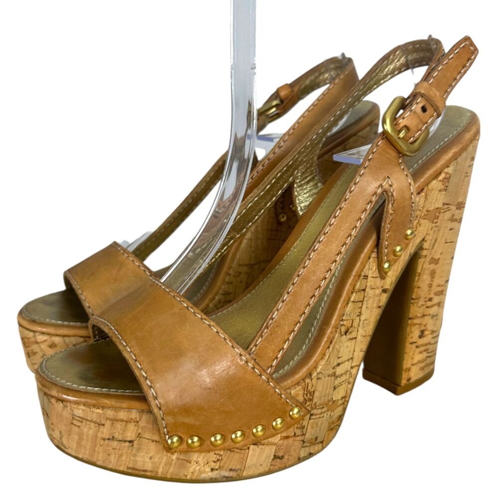 Prada Cork Platform Chunky Heel Brown Leather Studded Heels EU 36.5 US 6.5 -READ